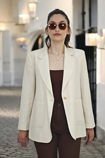 yagmurberen Sleeve Mouth Slip Detailed Bag Pocket One Button Closure Mono Collar Blazer Women's Jacket