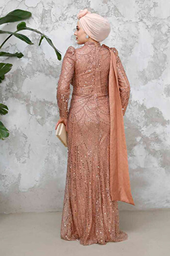 Neva Style Boncuk Işlemeli Taba Tesettür Abiye Elbise 50541tb