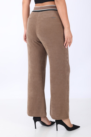 EXİTLİNE Women's Elastic Waist Double Color Stripe Tan Velvet Trousers