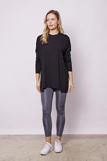 Jument Black Women's Tunic Blouse - Crew Neck, Long Sleeve, Lightweight Lycra, Relaxed Fit(Hide the Belly)