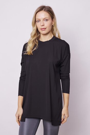 Jument Black Women's Tunic Blouse - Crew Neck, Long Sleeve, Lightweight Lycra, Relaxed Fit(Hide the Belly)