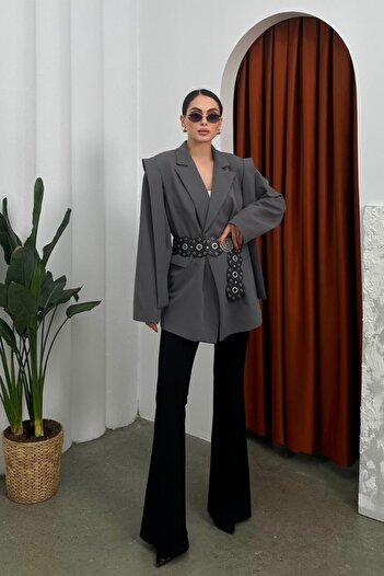 spirituel Women's Oversize Blazer Jacket with Belted Shoulder Detail