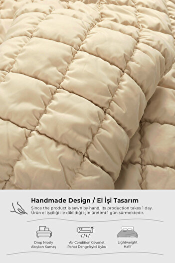 Evlen Home Collection Puff Bed Cover Set Double Handcrafted Cotton Comforter 3 Pieces Sleeping Set 240X250Cm Light Beige