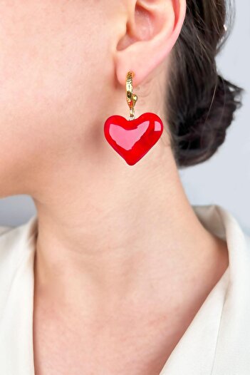 Sose Moda Glass Coral Red Heart Earrings - Gold