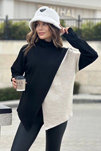 Juuuj Women's Black Asymmetric Cut, Two-Piece Front, Acrylic Fabric, Loose Sweater