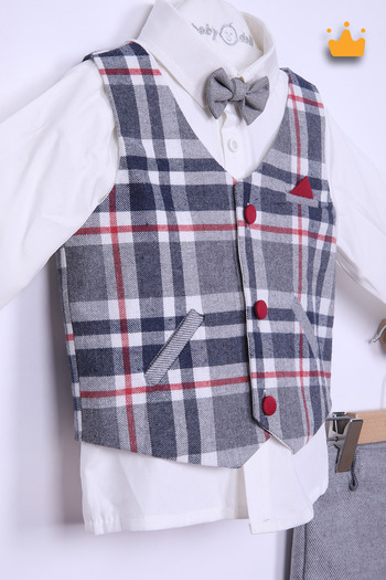 Babydola Plaid Pattern Vest Shirt Pants Bow Tie 3-Piece Suit Navy Blue 15312