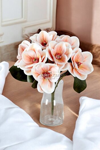 Yapay Çiçek Deposu Artificial Premium 7-Branch Wet Magnolia 40 cm Salmon