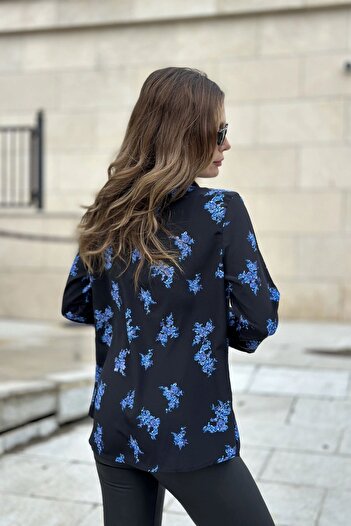 Juuuj Mânecă lungă, albastră, florală și neagră, pentru femei, model cu imprimeu digital, cămașă de bază