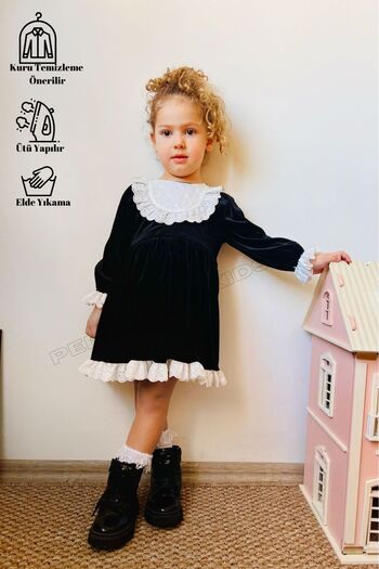 penu baby kids Μαύρη βελούδινη φούστα με πέτο και κοριτσίστικο φόρεμα με δαντέλα-LİA