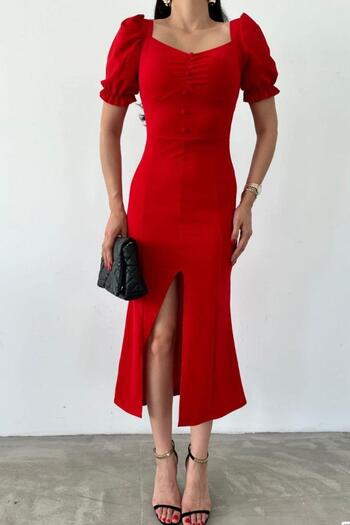 Mossta Watermelon Sleeve Button Detail Slit Dress Red