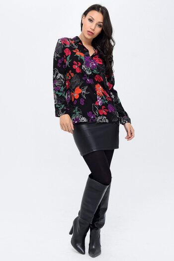 Juuuj Guler clasic negru pentru femei, mânecă lungă, model floral, croială normală, cămașă cu lungime standard