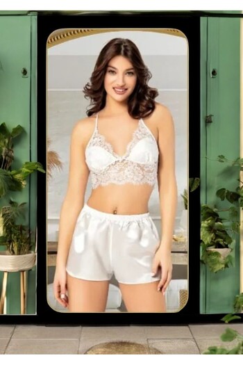 White Velvet Women's Satin Ecru Color Boxed Dressing Gown-Nightgown with Bralet and Shorts 4-Piece Suit W.V.6Nl.0.A.Y
