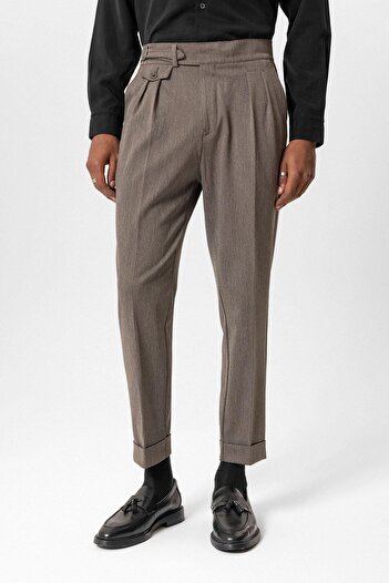 Antioch Light Brown Buckle Detailed High Waist Men's Trousers