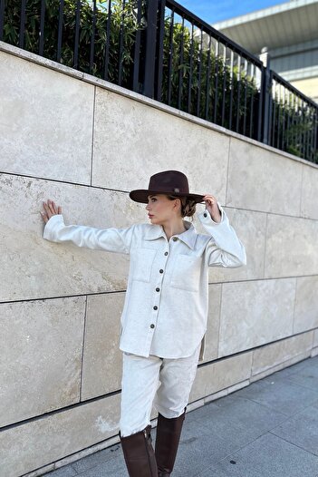 Juuuj Women's Ecru Long Sleeve, Double Pocket, Oval Cut on the Skirt, Stamp Shirt Jacket