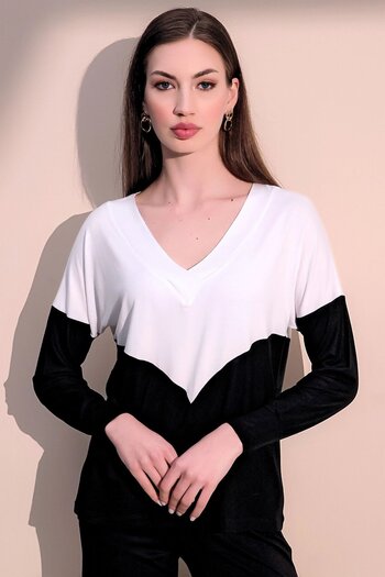 Juuuj Women's White V-Neck Color Block Basic Loose - Comfortable Combed Cotton Blouse
