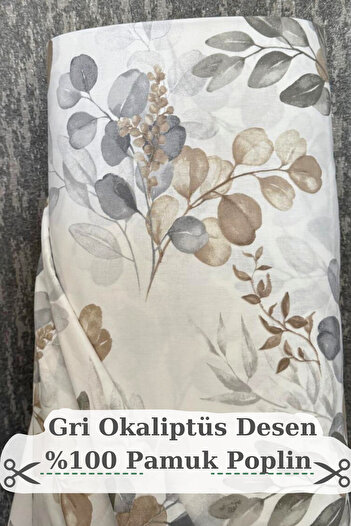 KAMİZ %100 Pamuk Gri Okaliptüs Baskılı Poplin Kumaş- Nevresim-Çarşaf-Yastık-Elbise-Çanta- 240 Cm Geniş En