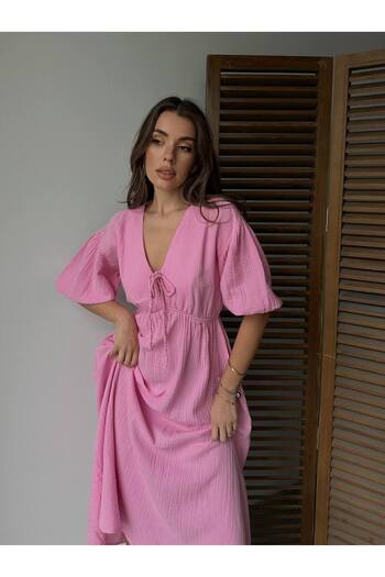 Lusin Women's V-Neck Pink Muslin Fabric Short Sleeve Dress