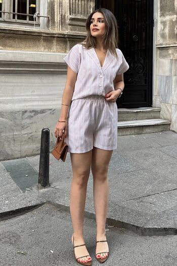Juuuj Beige Apatch Collar, Short Sleeve Shirt & Elastic Waist Shorts with Pockets - Stripe Pattern Fisto Bottom Top Set