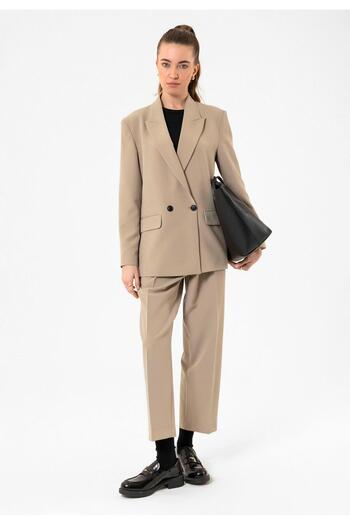 Antioch Beige Women's Double Breasted Closure Oversize Blazer Jacket