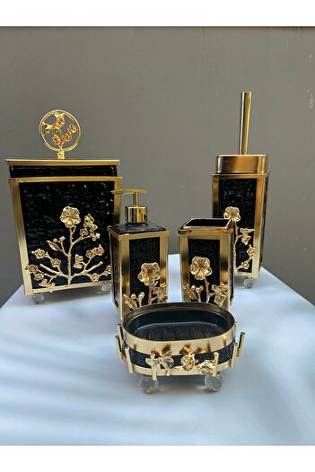 AZADE BAKIR Framed Japanese Rose Black Glass Bathroom Set
