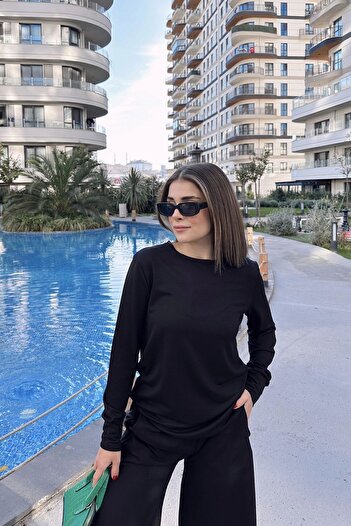 NEW LAVİVA Women's Black Round Neck Sweatshirt & Wide Leg Elastic Waist Trousers - Comfortable Bottom & Top Set