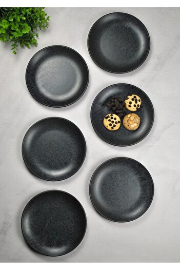 Qualitev 6 Porcelain Cake Plates 19 cm Dessert Plate - Black Breakfast Set