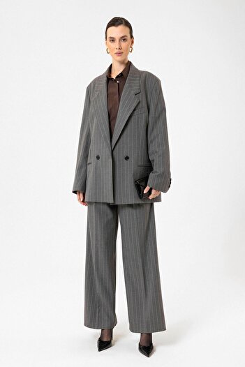 Antioch Gri Kadın Çizgili Oversize Blazer Ceket Beden: M