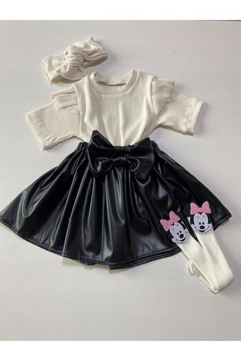 özge başaran Girl's Cream Badi, Leather Skirt, Bandana, Mickey Mouse Socks Set