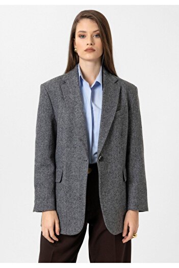 Antioch Siyah Kadın Relax Fit Balıksırtı Desenli Blazer Ceket Beden: M