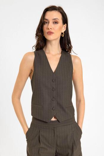 Antioch Brown Women's Striped Button Closure Vest