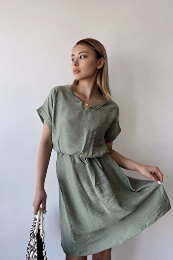 Juuuj Women's Khaki Short Sleeve, Heart Collar, Textured Pattern, Waist Fitting, Aerobin Elastic Waist Midi Dress