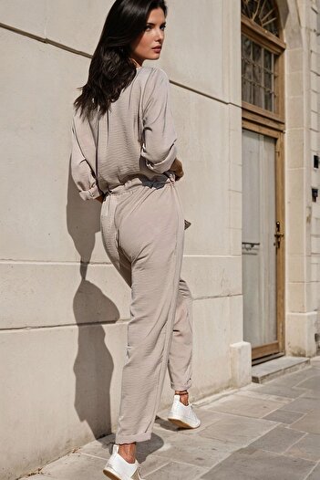 Juuuj Stone Shirt Collar, Pocket Detail, Lace up Waist, Safari Jumpsuit