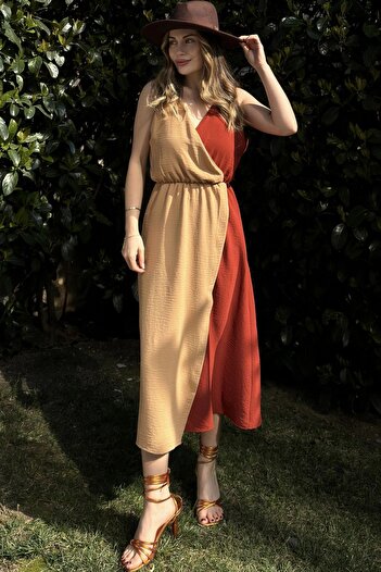 Juuuj Women's Brick & Beige Color Block Double Breasted, Straw Strap Detail, Slit, Long Airobin Dress