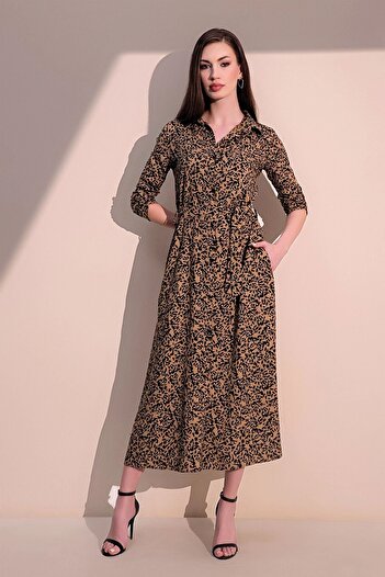 Juuuj Women's Mink Long Sleeve New Style Pattern Self-Belted Flared Long Shirt Dress - Suitable for Hijab
