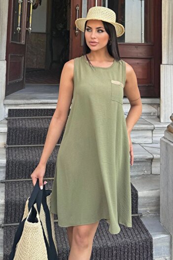 Juuuj Women's Khaki Straw Pocket Detail, Back Button Closure, Midi, Flared Airobin Dress