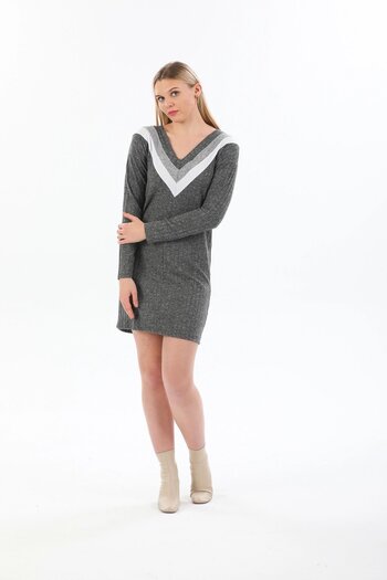 Juuuj Women's Anthracite V-Neck Garnished Self-Patterned Dress Long Sleeve Midi Length Over-The-Knee Knitwear Dress