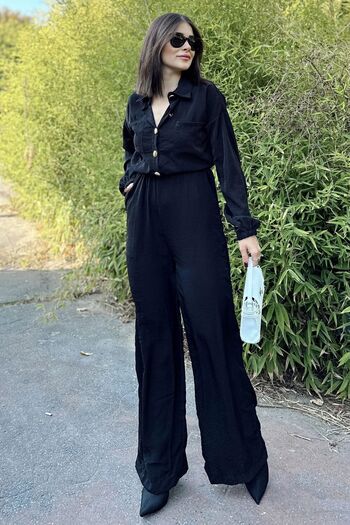 Juuuj Women's Black Long Sleeve, Shirt Collar, Elastic Waist, 4 Pockets, Elastic Ankles, Loose Overalls