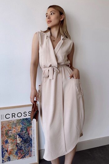 Juuuj Women's Beige Thick Strap, Double Breasted Collar, Plain Pattern, Aerobin Slit, Belted Midi Dress