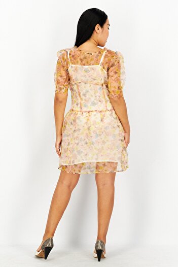 NA-KD Women V Neck Short Sleeves Printed Organza Mini Dress, Floral