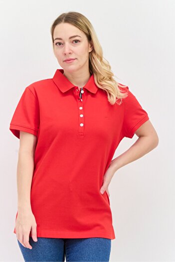 Nautica Women Regular Fit Embroidered Logo Short Sleeves Polo, Red