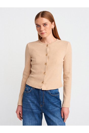 Dilvin 60424 Beige Long Sleeve Cardigan - Button Detail