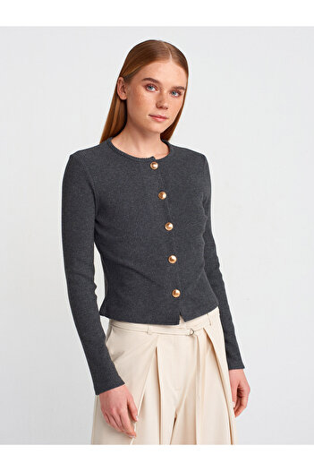 Dilvin 60424 Button Detailed Long Sleeve Cardigan-Anthracite