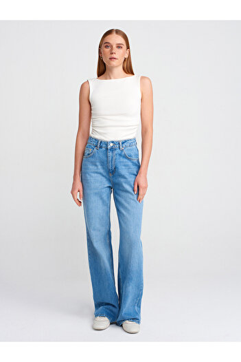 Dilvin 71774 Pantaloni drepti din denim din țesătură groasă-albastru