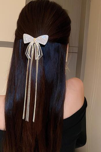 New Obsessions Elegant Shiny Rhinestone Chain Dangle Automatic Hair Clip with Bow Figure