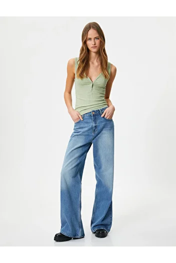 Koton V-Neck Buttoned Athlete Ribbed Viscose Fabric Mixed