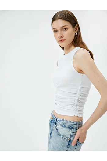 Koton Crew Neck Draped Cotton Crop Tank Top