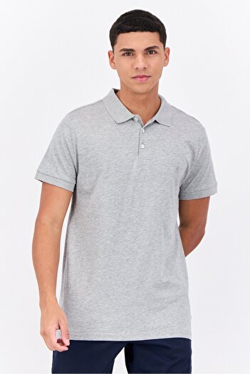 French Connection Men Regular Fit Brand Logo Short Sleeve Polo Shirt, Heather Grey