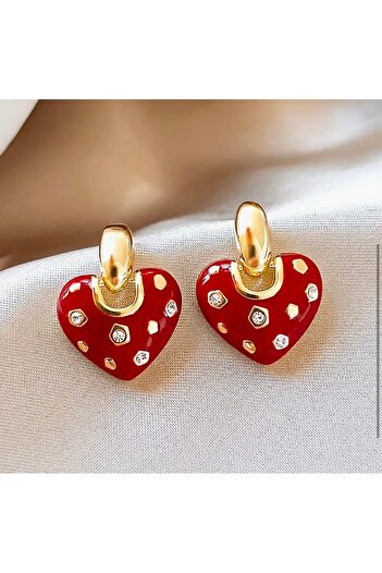 Store Women's Earrings Red Heart with Stone Studs Earrings Valentine's Day Gift