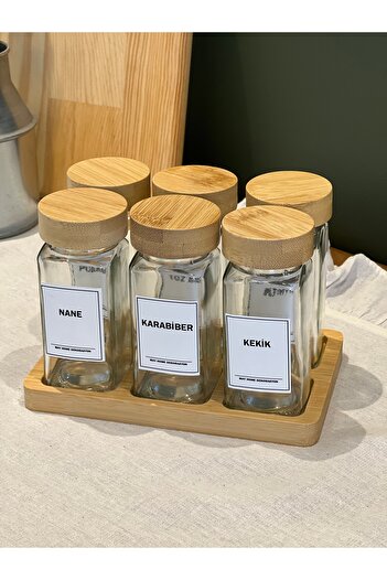 Sade Hediye Minimal Bamboo Spice Rack Set with 6 Stands