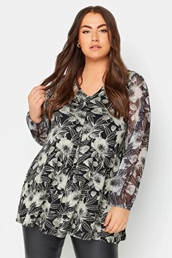 Stil Diva Long Sleeve Tulle Detailed Pleated V-Neck Plus Size Blouse - 303115